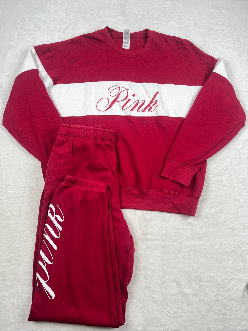 Victoria’s Secret PINK Campus Sweatshirt Jogger Set Red White L/M